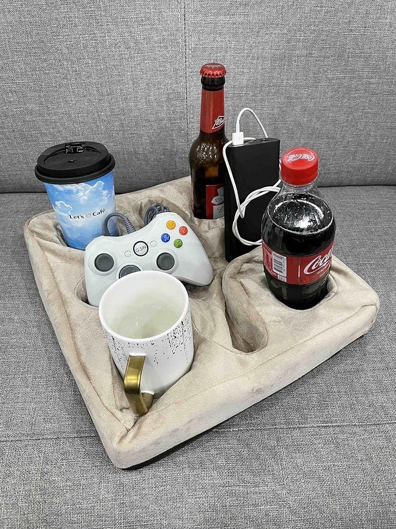 Xchouxer Couch and Bed Cup Holder Pillow, Sofa Refreshment Tray for Drinks/Remote Control/Snacks Holder (Beige) - Image 2